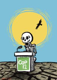 0 la tribune de la COP 72 un squelette prend la parole sous un soleil de plomb